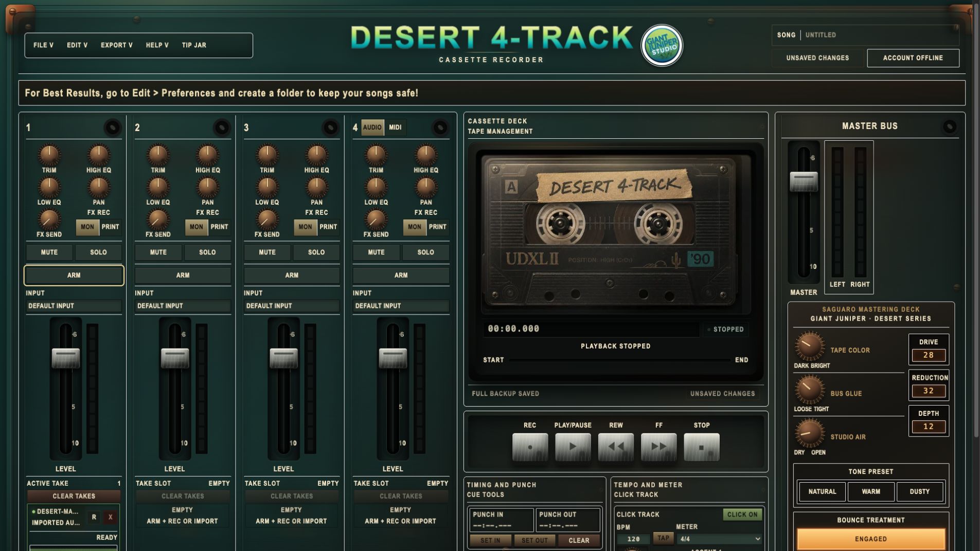Desert 4-Track 2.0 browser recorder with four channels, cassette deck, and Saguaro mastering